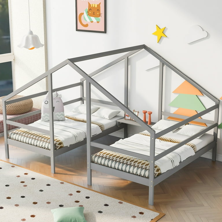 Wood Bed Frame Double Twin Size Triangular House Beds Modern Sturdy Wood Platform Bed Frame with Built in Table Noise Free No Box Spring