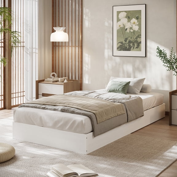 Wood Bed Frame,Floor Bed with Wooden Slat Support, No Box Spring Needed, Sturdy Low Profile Platform Bed, Easy Assembly, Modern Simple Design without Headboard