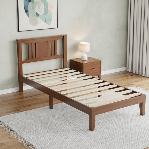 Wood Bed Frame with Headboard, Mid-Century Modern Wooden Bedframe, Solid Mattress Foundation with Wood Slat Support, No Box Spring Needed, Walnut/Rustic Brown, Twin
