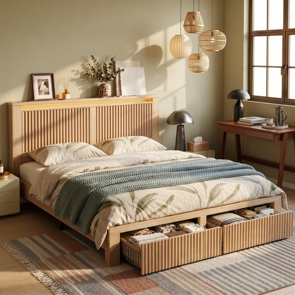 Wood Bed Frame King with Storage Headboard Wooden Farmhouse Bed Frame with 2 Drawers & Charge Station & LED Light,Wood