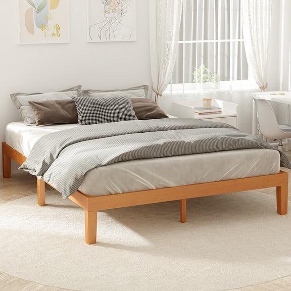 Solid Wood Bed Frame, Natural Pine Full Bed Frame with Non-Slip Slats Support, 1000 lbs Heavy Duty Platform Bed Frame Mattress Foundation, Easy Assembly
