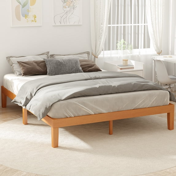 Wood Bed Frame, Natural Pine Queen Bed Frame with Non-Slip Slats Support, 1000 lbs Heavy Duty Platform Bed Frame Mattress Foundation, Easy Assembly