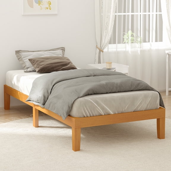 Solid Wood Bed Frame, Natural Pine Twin Bed Frame with Non-Slip Slats Support, 500 lbs Heavy Duty Platform Bed Frame Mattress Foundation, Easy Assembly