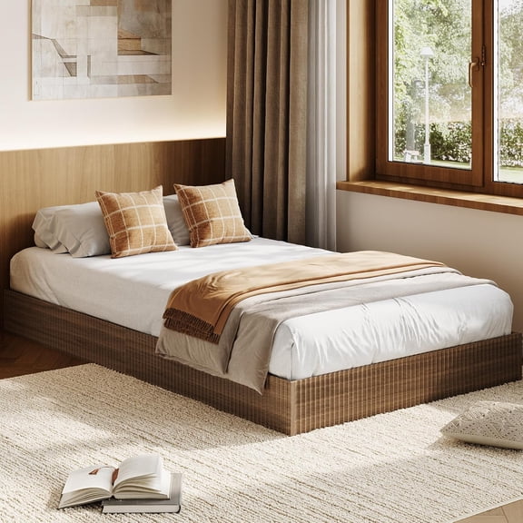 Wood Bed Frame, Wooden Platform Bed with Fluted Design, Twin XL Bed Frame with Study Support, Easy Assembly, No Box Spring Needed, Noise Free, Walnut