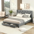 thumbnail image 1 of Wood Bed Frame with 2 Storage Drawers, Queen Size Platform Bed Frame with Button Upholstered Headboard Rivet Finish, 1 of 8