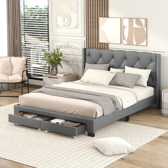Wood Bed Frame with 2 Storage Drawers, Queen Size Platform Bed Frame with Button Upholstered Headboard Rivet Finish