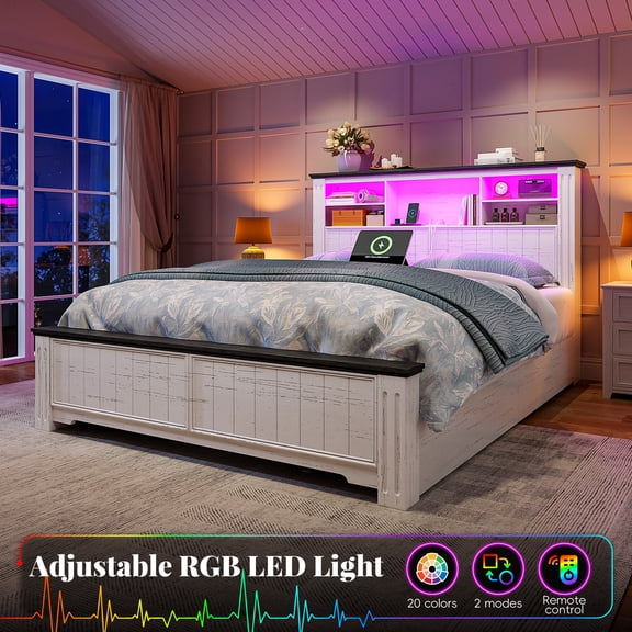 melmine Wood Bed Frame with 4 Drawers Full Size Bed Frame with 2-Tier Storage Headboard & Charge Station & LED Light,White
