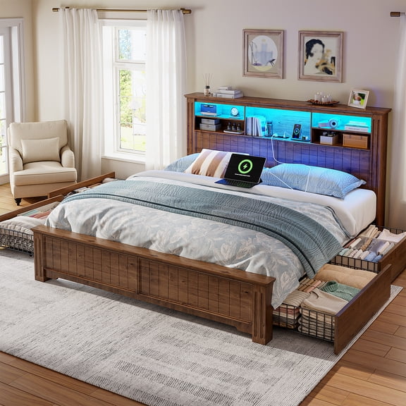 Wood Bed Frame with 4 Drawers King Size Bed Frame with 2-Tier Storage Headboard & Charge Station & LED Light,Brown