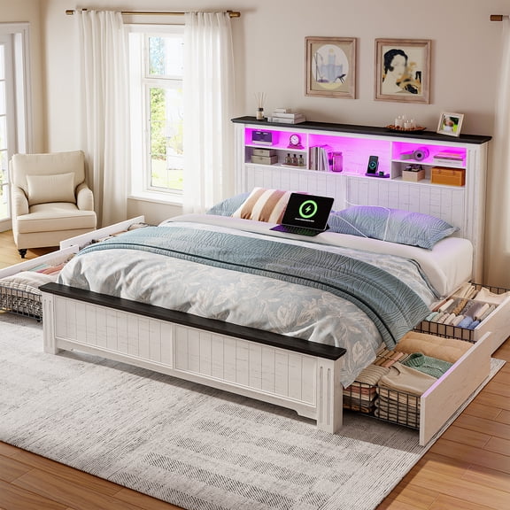 Wood Bed Frame with 4 Drawers King Size Bed Frame with 2-Tier Storage Headboard & Charge Station & LED Light,White