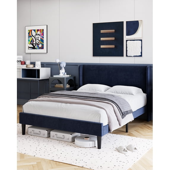 Wood Bed Frame with Headboard Wingback, Velvet Upholstered Platform Bed with 2 Storage Pockets