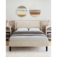 thumbnail image 1 of Wood Bed Frame with Headboard Wingback, Velvet Upholstered Platform Bed with 2 Storage Pockets, 1 of 8