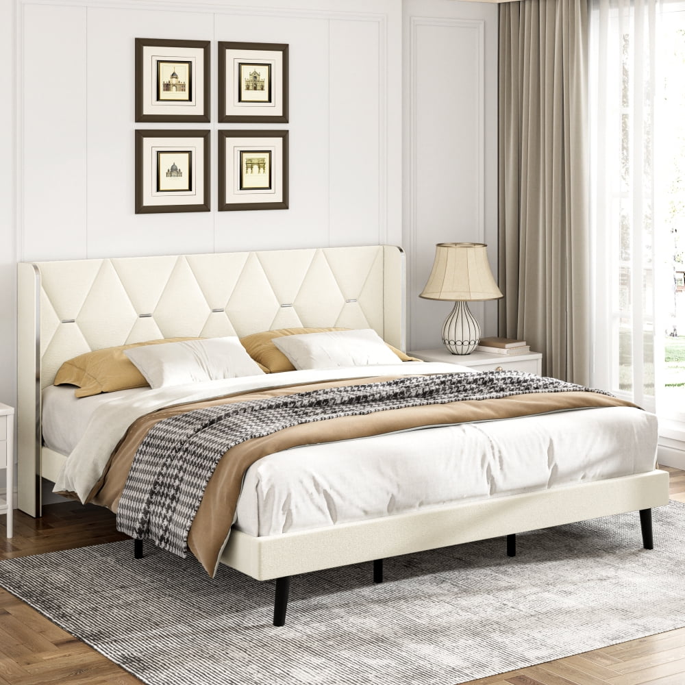 Wood Bed Frame with Wingback Headboard, Velvet Upholstered Platform Bed