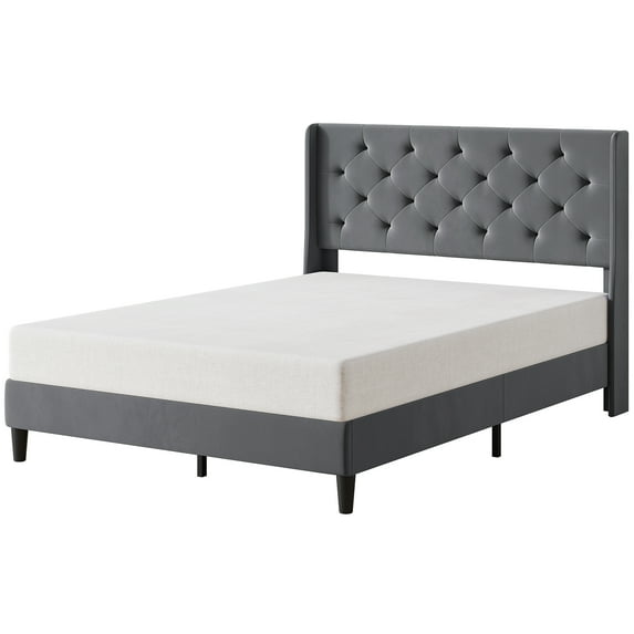 Wood Bed Frame with Wingback, Upholstered Platform Bed with Diamond Tufted Headboard