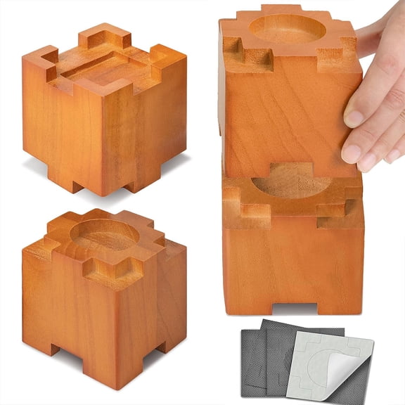 Wood Bed Risers 3.5 inch with Non-Slip Rubber Pad, Safe Sturdy Furniture Risers, Stackable Bed Lifts 4 Pack for Sofa and Couch Chair Table Leg Extenders, Brown
