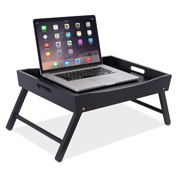 Wood Bed Tray for Eating | TV Tray with Folding Legs | Wide Breakfast Serving Lap Desk with Sides & Handles | Laptop Table | Foldable Study Writing Table | Adjustable Food Tray | Black