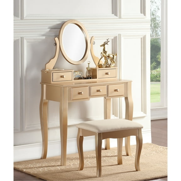 Wood Bedroom Vanity, Gold - 5 Drawer Storage, Mirror, Padded Stool, Rustic Vanity Table And Stool , Art Style