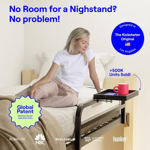 Wood Bedside Shelf for Bunk Bed & Top Bunk, College Dorm Room Essentials, Loft Nightstand, Floating Bed Side Table Tray Storage, Dorm Room Decor by Smallish - (Flexfit Bamboo Model, Black)