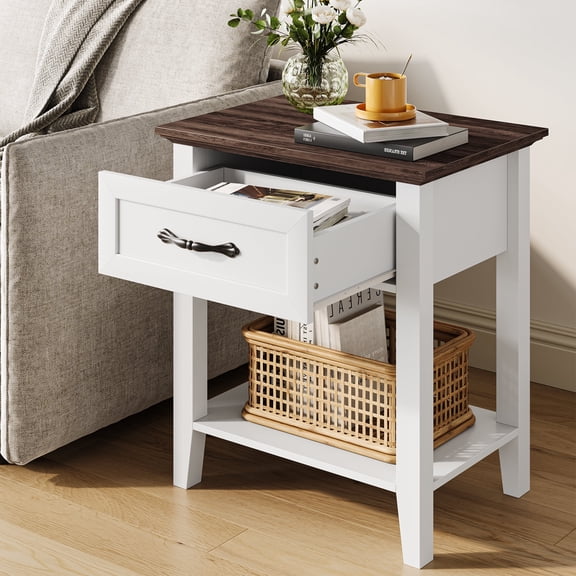 Wood Bedside Table With 1 Drawer and Open Storage Shelf, Industrial Side Table, Versatile Beside End Table for Bedroom, Office, Sofa, Couch, Small Spaces