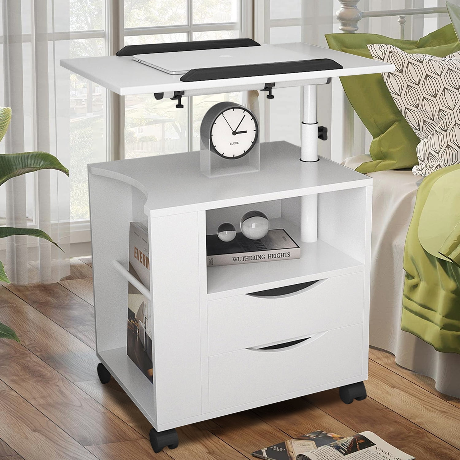 Wood Bedside Table BTMWAY Height Adjustable Overbed End Table Sofa Table Nightstand with Drawer Wheels Swivel Top and Open Shelf Laptop Rolling