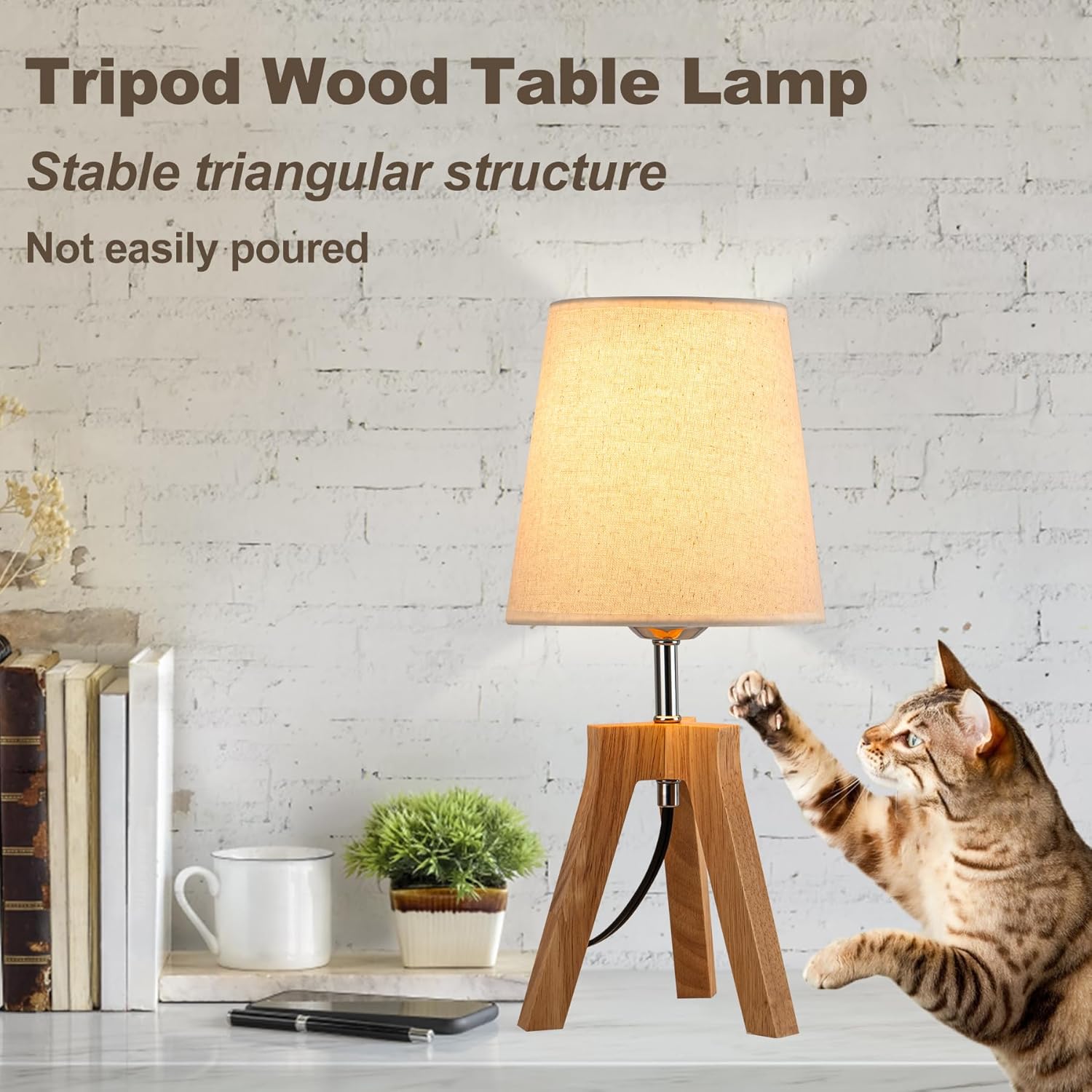 Wood Bedside Table Lamp, Tripod Desk Lamp with On-Off Switch ...