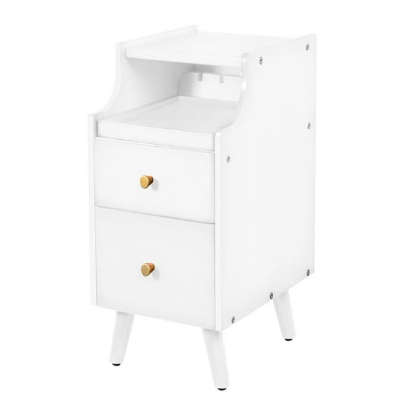 Wood Bedside Table, Wooden 2-Drawer Night Table, Narrow Nightstand, Multi-Purpose Standdrawers for Bedroom, Living Room, Home, Office(Warm White)