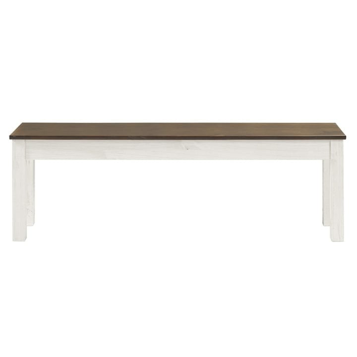 White Distressed Pine Wood Bench with Brown Lacquer Seat