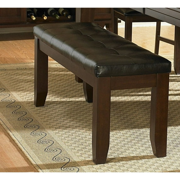 Wood & Bi Cast Vinyl 60" Bench With Tufted Seat, Dark Brown- Saltoro Sherpi