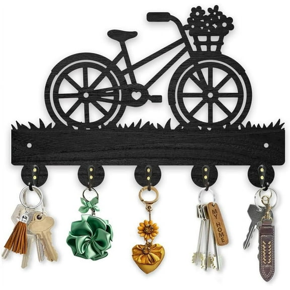 Wood Bicycle Flower Meadow Coat Hooks Grass Bike Key Holder for Wall 11.87.9inch Cycling Flower Basket Wall Art Decor Key Hooks Organizer Rack 5 Alloy Hooks