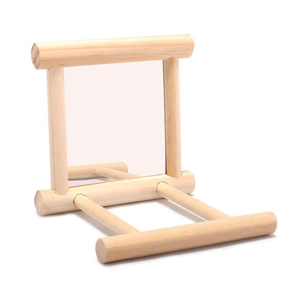 Wood Bird Mirror with Perch Stand, Parrot Toy for Cage, Cockatiel Parakeet Accessories, Natural Wood
