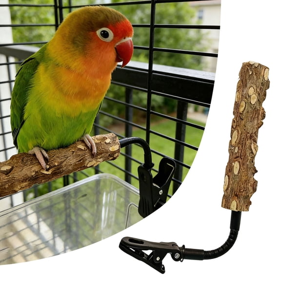 Wood Bird Perch with Clip & Flexible Hose 5.9" Sanded Parrot Stand for Small to Medium Birds Cage Mountable Perching Toy for Parakeets Cockatiels Conures