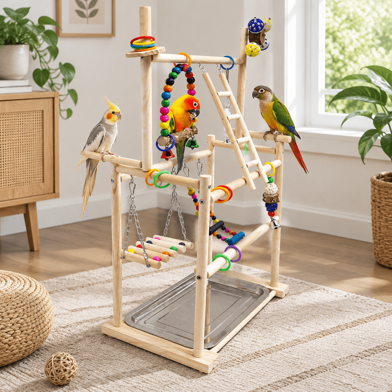 Wood Bird Playground - Large 3-tier Perch Stand With Exercise Platforms ...