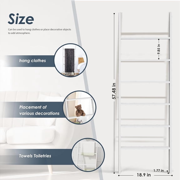 Wood Blanket Ladder, 57.5'' Rustic Towel Quilt Throw Blanket Ladders for The Living Room, Bedroom, Nursery Stand Holder, Wooden Decorative Ladder for Blankets Rack Farmhouse Home Decor, White