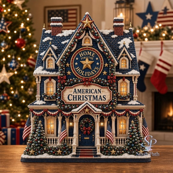 Wood Block Patriotic Christmas Mansion Wooden Tabletop Decor for Family Homes
