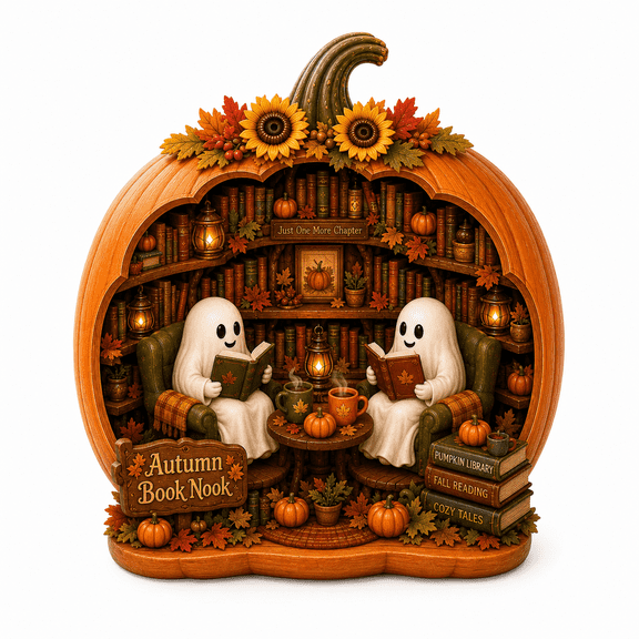 Wood Block Reading Ghost Halloween Wood Bookshelf Decor for Book Lovers