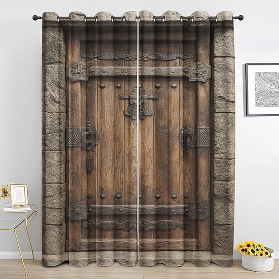 Wood Board Blackout Curtains, Wooden Barn Door Curtains & Drapes for Bedroom Living Room, Stone Rock Houses Grommet Curtain for Sliding Door 26"W x 45"L (Pack of 2)