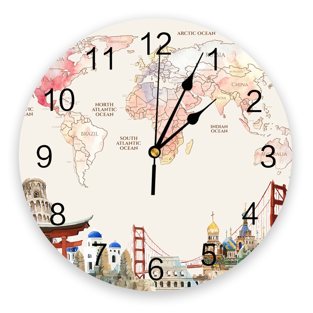 Wood Board Map Famous Buildings Wall Clock Kitchen Home Living Room
