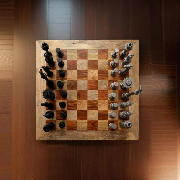 Wood Board and Metal Pieces 20" Square Chess Player Set