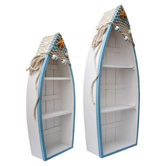 Wood Boat Shelf Decor Nautical Beach Theme Display Boat Standing Boat with 2 Shelves Wooden Coastal Sea Bathroom Home Decor 19 Inch & 24 Inch Set of 2