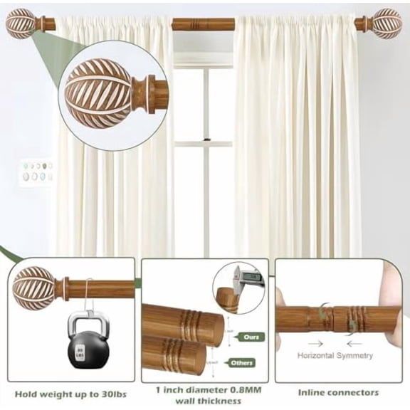 Wood Boho Curtain Rods for Windows:Wooden Farmhouse Decorative Curtain Rod for Bedroom Living Room,Heavy Duty Adjustable Rustic Bamboo Drapery Rods with Imitation Wood Grain Finials,Brown 18-45"