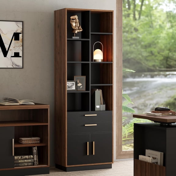 Wood Bookcase with 2 Drawers and Doors, 8 Storage Cubes, 73.3" Tall Bookshelf, Modern Bookcases, Wooden Bookshelves for Home and Office, Living Room, Study, Black Walnut