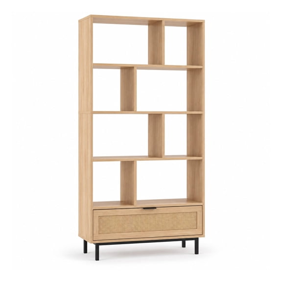 Wood Bookcase 6-Tier 64-Inch Tall with Rattan Drawer and 8 Open Storage Cubes, Freestanding Display Organizer, Metal Legs for Living Room Home Office Kitchen Natural
