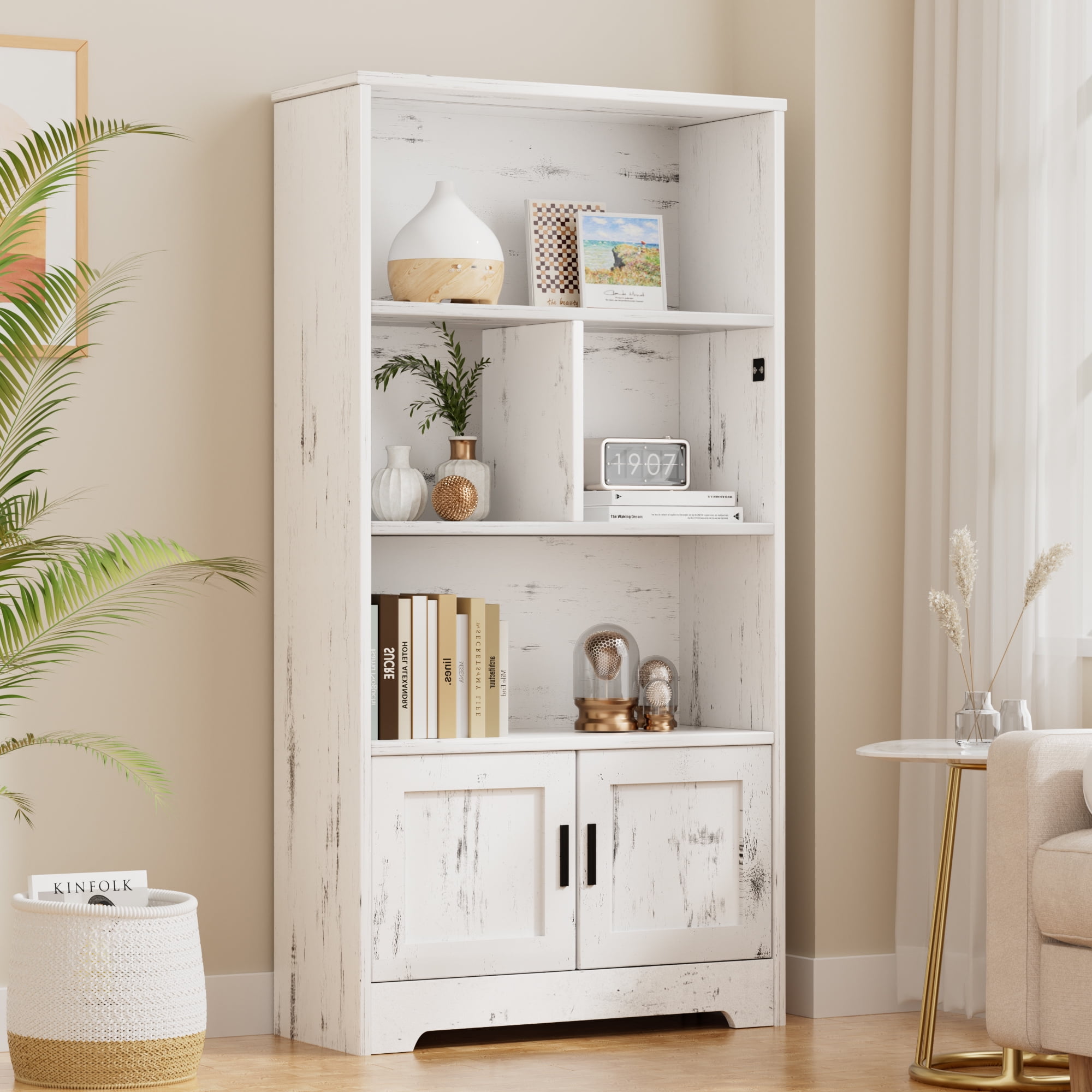 Wood Bookcase with Doors White Bookshelf with LED Lights Modern