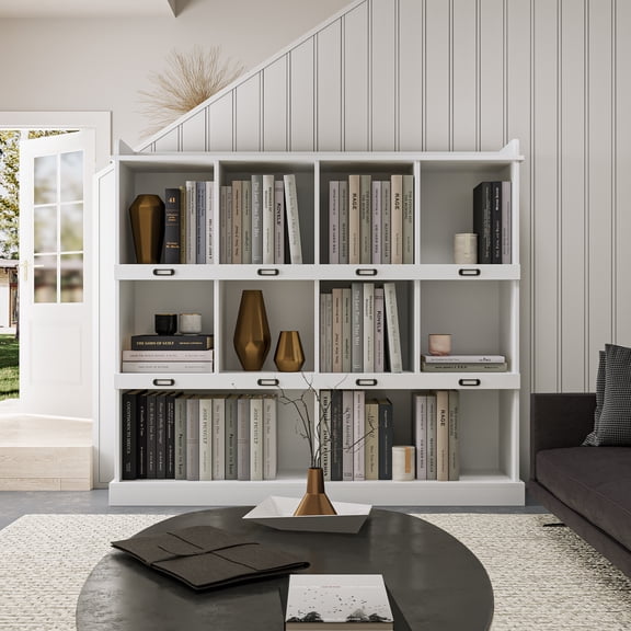 Wood Bookshelf,3-Tier Open Shelf Bookcase,10 Grid Storage Organizer with Anti-Tilt Device,Floor Standing Display Cabinet,Freestanding Book Storage Shelves for Bedroom Living Room Office,White