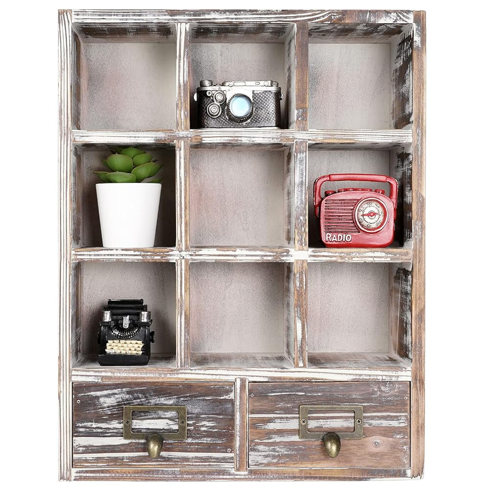 Wood Box Shelf Rustic Brown Wooden Table Top Display Organizer With 2