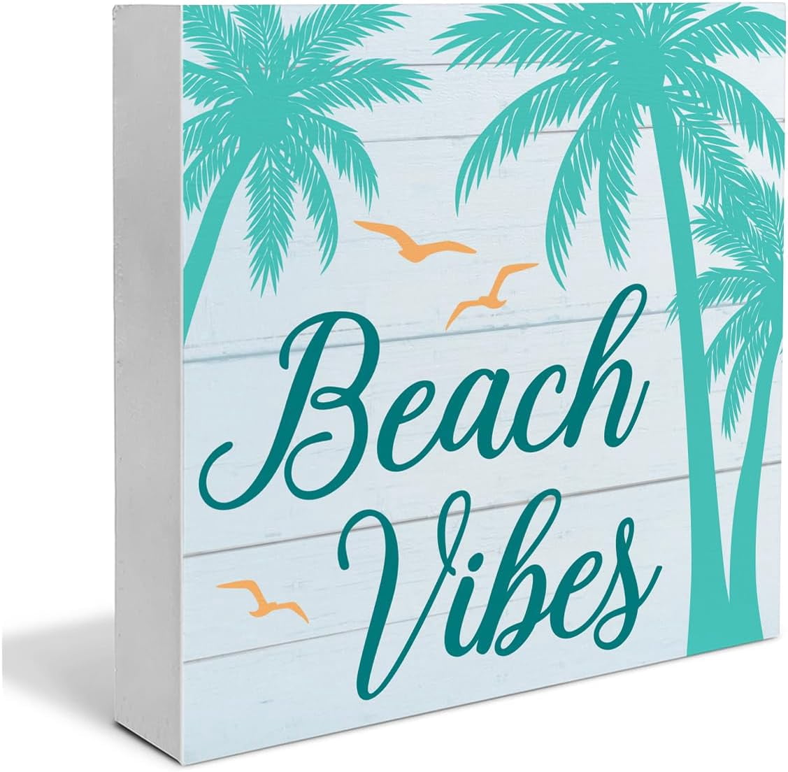 Photo inspiration: Coastal Themed Wooden Design Sign Reference: Wood Box Sign 5X5 Inch Beach Vibes Wooden Box Sign