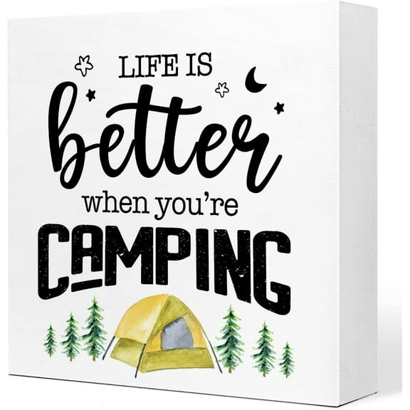 Wood Box Sign 5x5 Inch Funny Camping Wooden Sign Desk Decor Rustic Camping Quote Wood Block Sign Plaque Desk Decorations For Home Campsite Trailer Camper Rv Desk Shelf Table Decor Life Is