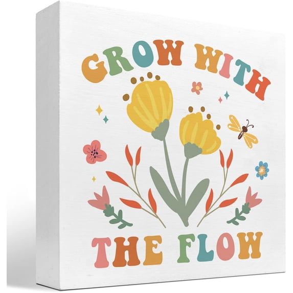 Wood Box Sign 5x5 Inch Grow With The Flow Inspirational Wood Box Sign Desk Decor Retro Groovy Preppy Yellow Flower Wooden Box Block Sign For Home Office Dorm Shelf Table Decor Decorations