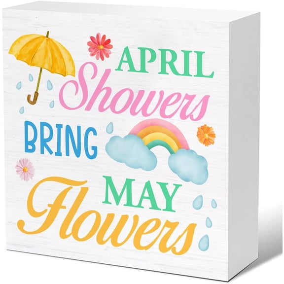 Wood Box Sign 5x5 Inch Spring Decor Farmhouse April Showers Bring May Flowers Wood Sign Home Desk Tabletop Shelf Decor Spring Decorations Gift For Women Men