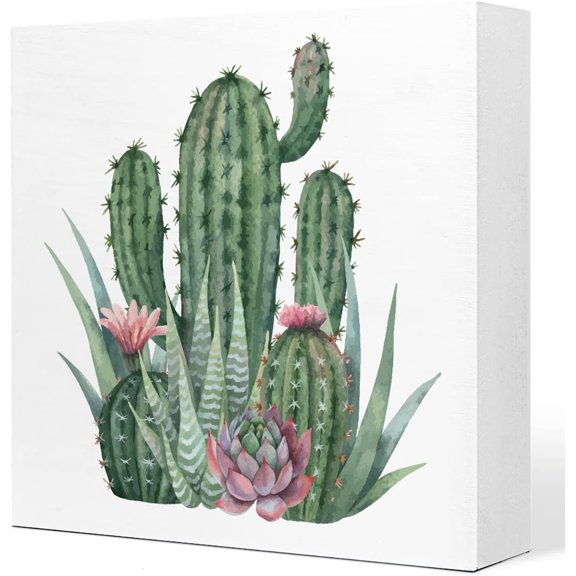 Wood Box Sign 5x5 Inch Watercolor Cactus Desert Plant And Succulent Plant Wood Plaque Sign Desk Decor Farmhouse Cactus Wood Block Sign Desk Decor For Home Room Kitchen Garden Desk Shelf Table Decor
