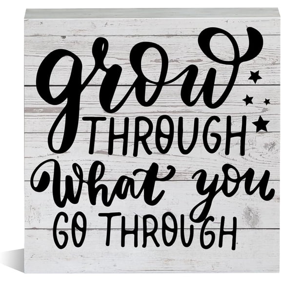 Wood Box Sign 5x5Inch Farmhouse Encouraging Grow Quotes Wooden Box Sign Grow Through What You Go Through Wood Block Tabletop Sign Uplifting Decorative Desk Sign Home Office Shelf Decor Gift For Women